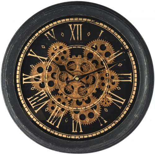 Déco Horloges murales et horloges à poser | Horloge murale ronde en métal noir et doré engrenage D35cm - YK30099