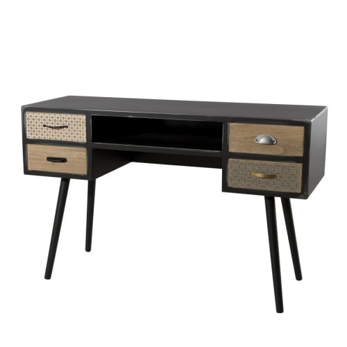 Meubles Bureaux et meubles secrétaires | Bureau noir 4 tiroirs motifs pin marron - YR35049