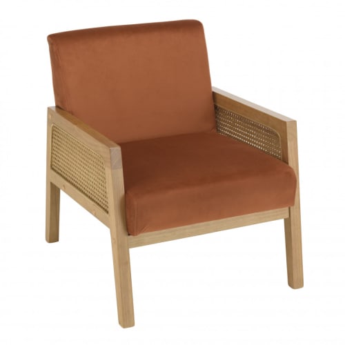 Canapés et fauteuils Fauteuils | Fauteuil velours orange pieds bois et accoudoirs rotin - AG58941