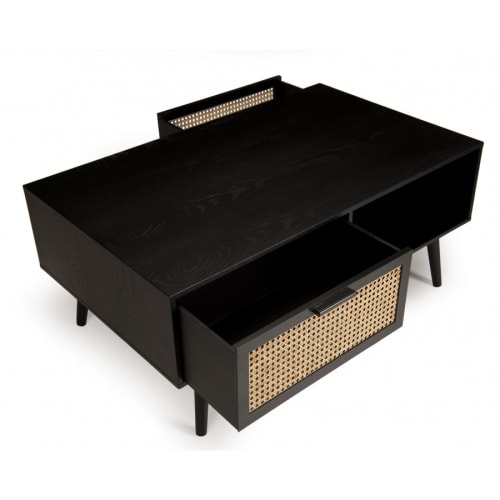 Meubles Tables basses | Table basse 1 niche 2 tiroirs en pin cannage couleur noire L100 - GR69733