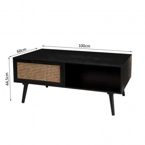 Meubles Tables basses | Table basse 1 niche 2 tiroirs en pin cannage couleur noire L100 - GR69733