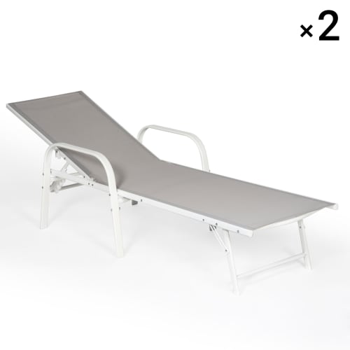 Jardin Bains de soleil et chaises longues | Lot de 2 transats pliants en acier blanc et textilène gris - JU52668