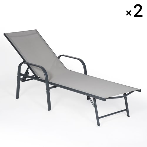 Jardin Bains de soleil et chaises longues | Lot de 2 transats pliants en acier anthracite textilène gris - EG81639