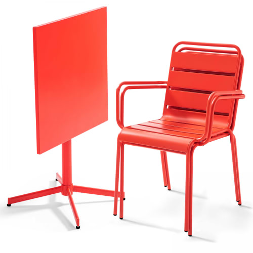 Jardin Ensemble table et chaises de jardin | Table de jardin carrée et 2 fauteuils métal rouge - KP29081