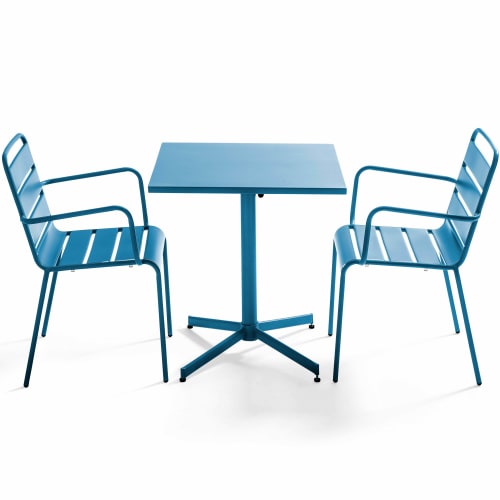 Jardin Ensemble table et chaises de jardin | Table carrée et 2 fauteuils acier bleu pacific - MM70830