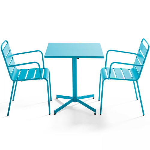 Jardin Ensemble table et chaises de jardin | Table de jardin carrée et 2 fauteuils métal bleu - KQ67824
