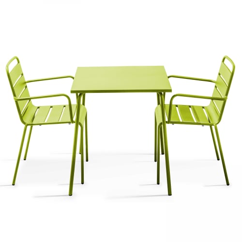 Jardin Ensemble table et chaises de jardin | Table de jardin carrée et 2 fauteuils acier vert - HD48637