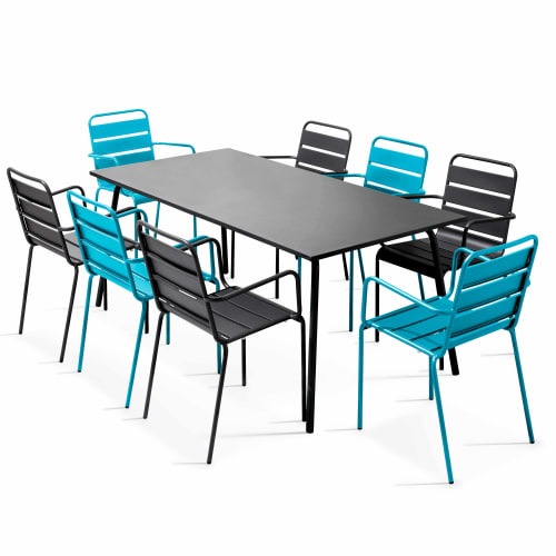 Jardin Ensemble table et chaises de jardin | Table de jardin et 8 fauteuils en métal bleu gris - HA21818