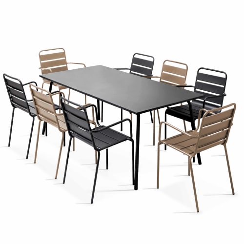 Jardin Ensemble table et chaises de jardin | Ensemble table et 8 fauteuils en métal gris et taupe - HC58307