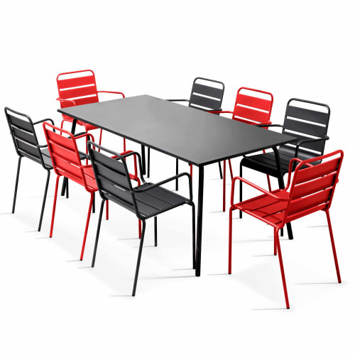 Jardin Ensemble table et chaises de jardin | Table de jardin et 8 fauteuils en métal rouge gris - CL25375