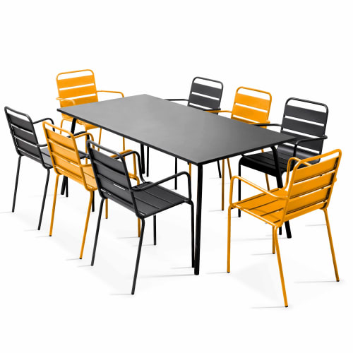 Jardin Ensemble table et chaises de jardin | Ensemble table et 8 fauteuils en métal gris et jaune - WM91997