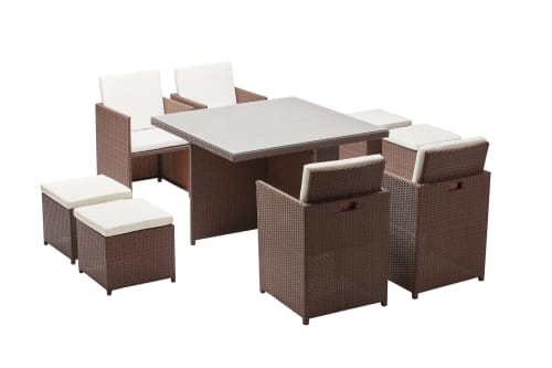 Jardin Ensemble table et chaises de jardin | Table et chaises 8 places encastrables résine marron/blanc - OM68825