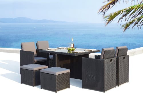 Jardin Ensemble table et chaises de jardin | Table et chaises 8 places encastrables en résine noir/gris - KU44001