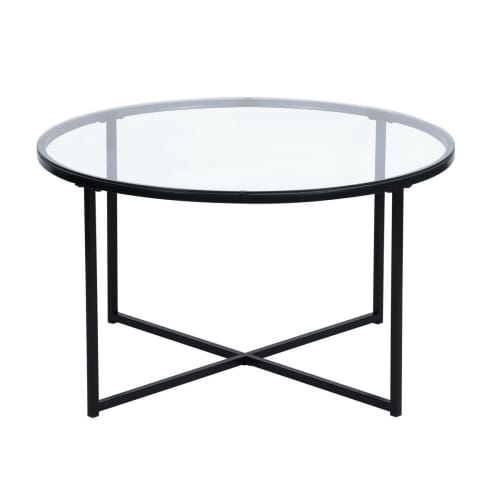Table basse ronde en verre transparent et métal noir 80*80 | Maisons du Monde