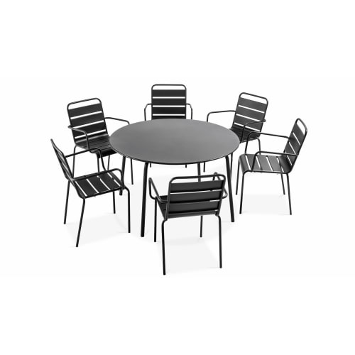 Meubles Tables à manger | Ensemble table ronde et 6 fauteuils en métal gris - BV48795