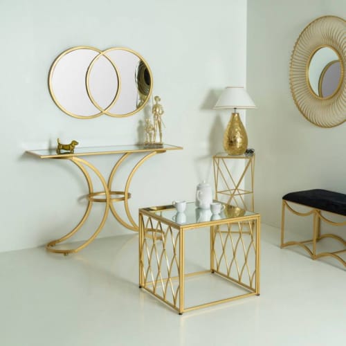 Muebles Mesas auxiliares | Mesa auxiliar rectangular de metal dorado con espejo - FG83284