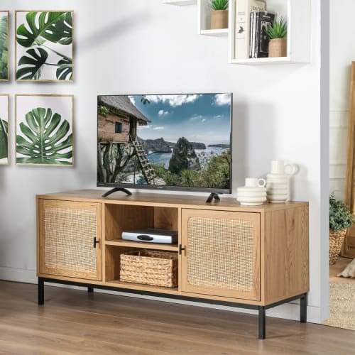 Mobile TV a 2 Porte con Impagliatura in Rattan e 2 Scomparti - L120 cm JAYA