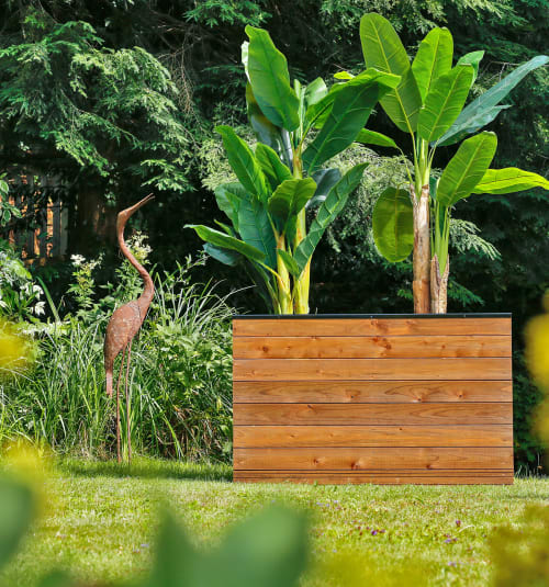 Jardin Pots, cache-pots et jardinières d'extérieur | Bac à fleurs rectangle acier noir et bois de sapin épicéa - OY97196