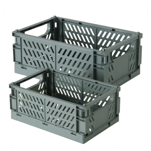 Déco Boîtes | Set de 2 caisses pliables en plastique recyclé gris style cagettes - OY06214