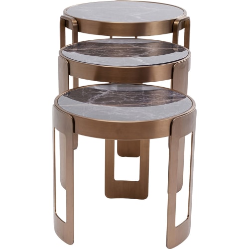 Meubles Tables basses | 3 tables basses en verre effet marbre noir et acier cuivré - BH14244