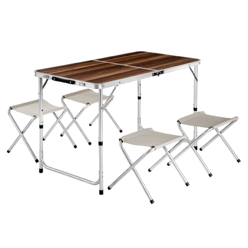 Jardin Ensemble table et chaises de jardin | Table pliante valise avec tabourets effet marron/blanc - YB29640