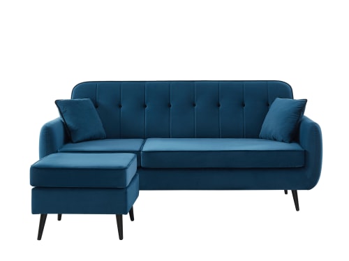 Canapé d'angle réversible en velours 4 places bleu