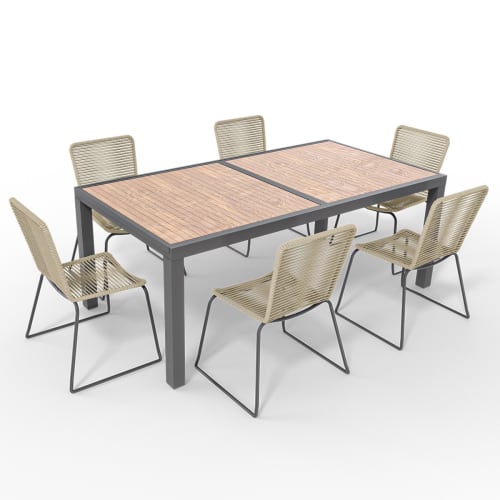 Jardin Ensemble table et chaises de jardin | Ensemble table en bois extensible + 6 chaises en acier et corde - YT93706