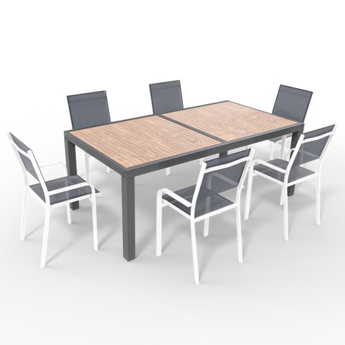 Jardin Ensemble table et chaises de jardin | Ensemble table en bois extensible + 6 chaises en aluminium blanc - XJ65094