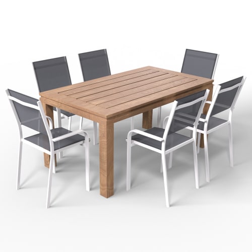Jardin Ensemble table et chaises de jardin | Ensemble table à manger en bois 160cm + 6 chaises en aluminium blanc - FC67320