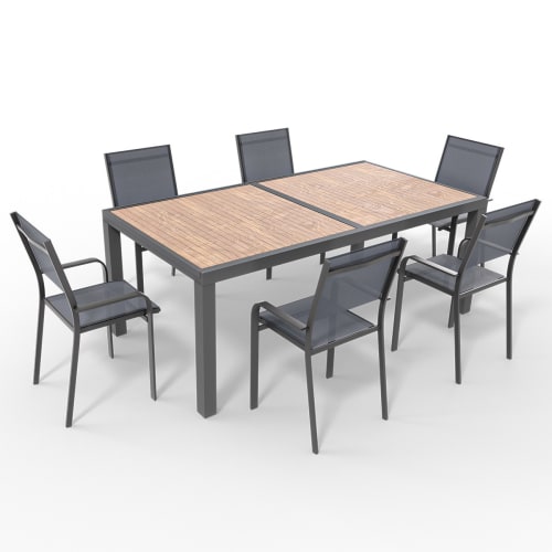 Jardin Ensemble table et chaises de jardin | Ensemble table extensible en bois + 6 chaises en aluminium gris - DT19515