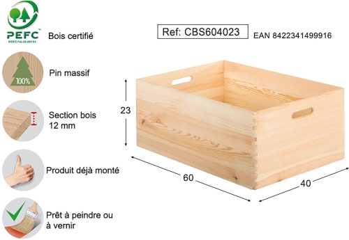 Déco Boîtes | Caisse en bois de rangement 60 x 40 x 23 cm - HZ11296