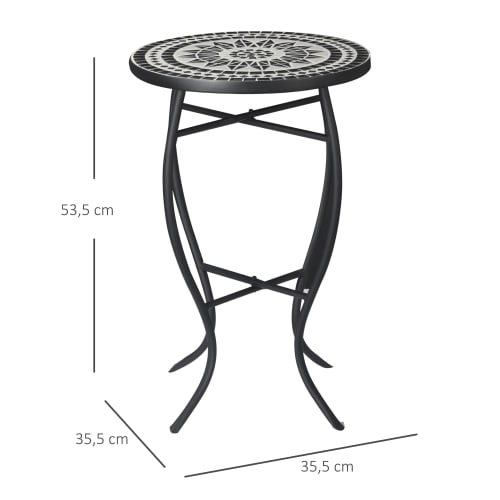 Table ronde style fer forgé plateau mosaïque céramique noir blanc