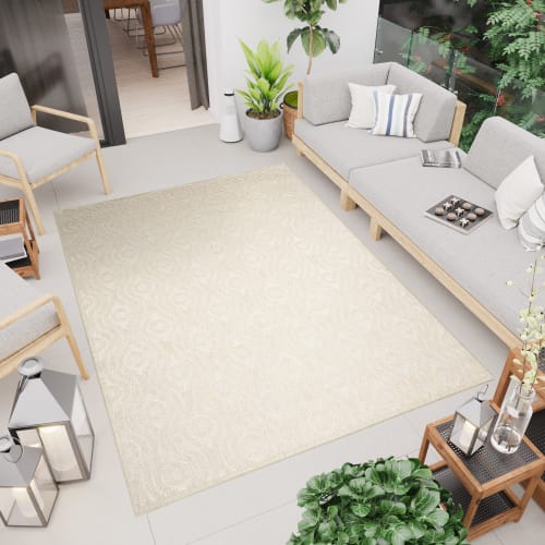 Alfombra exterior interior 3D beige gris crema rayas 160 x 220 cm