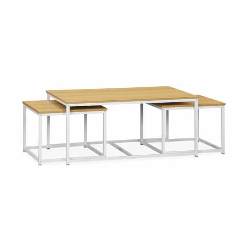 Meubles Tables basses | Lot de 3 tables gigognes métal blanc mat, décor bois - XF23783