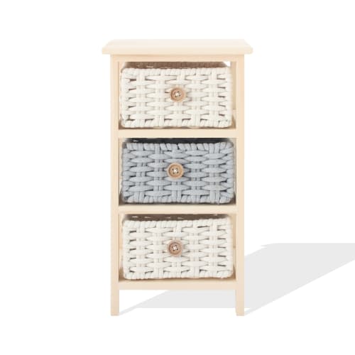 Table de chevet avec 3 tiroirs en bois de pin, coton gris et beige | Maisons du Monde