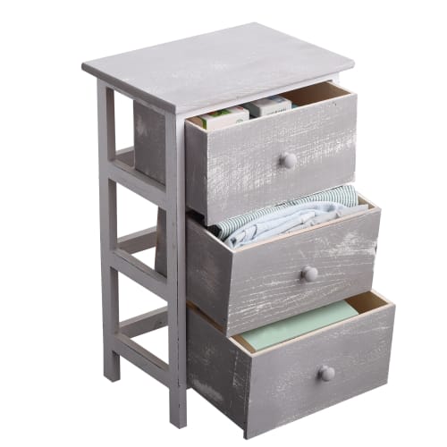 Comodino con 3 cassetti in legno grigio e bianco