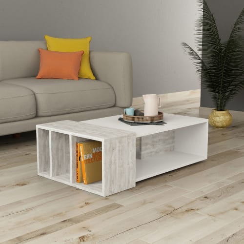 Meubles Tables basses | Table basse design en bois l.102 x h.32cm blanc et gris - KC49399