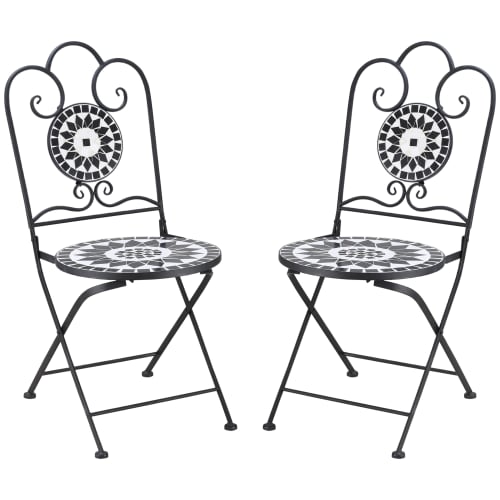 Jardin Chaises de jardin | Lot de 2 chaises de jardin pliables style fer forgé mosaïque céramique - DL09697