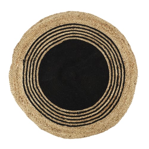 Tapis rond en jute et coton imprimé noir d. 90 cm | Maisons du Monde