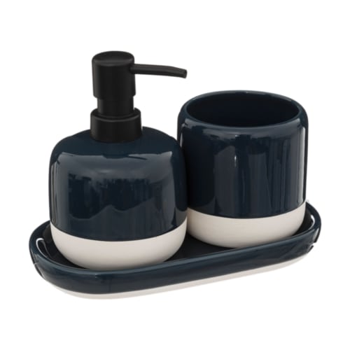 Set salle de bain céramique bleu pétrole , blanc et noir - 3 pièces