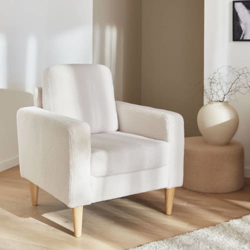 Poltrona scandinava in legno e tessuto bouclè bianco Bjorn