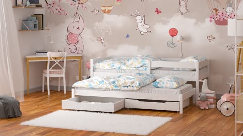 Letto per bambini in legno massello bianco con barriera protettiva