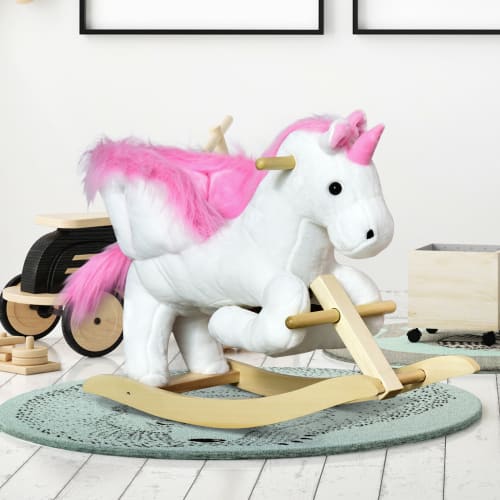 Cavallo a dondolo unicorno con musica in metallo e legno bianco rosa