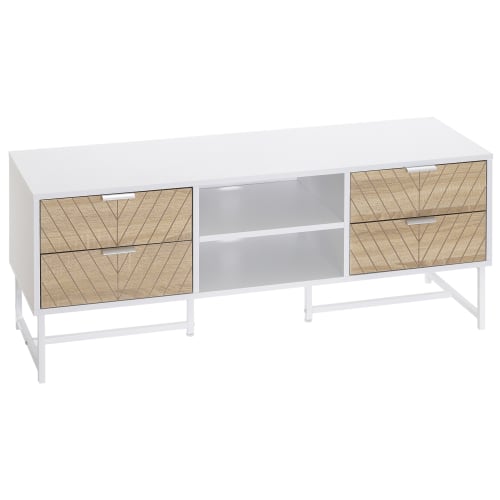 Credenza bassa con 5 cassetti in metallo e tessuto beige e bianca NORDIC