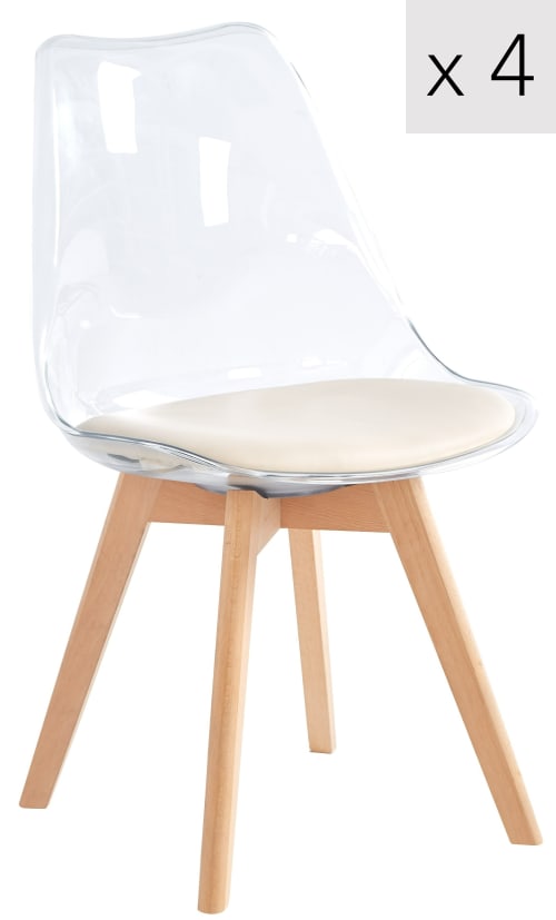 Lot de 4 chaises transparentes avec pieds en bois et assise beige | Maisons du Monde