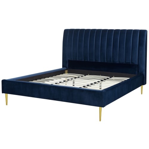 Letto con rete a doghe velluto blu marino e oro 180 x 200 cm MARVILLE