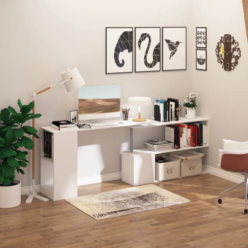 Wosume Scrivania angolare per Ufficio e scaffale Combinato Bianca scrivania per Computer angolare orientabile Girevole a 360 Gradi con Tavolo per Laptop da casa 