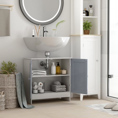 Mobile sotto lavabo bagno con ante e ripiano in mdf grigio e bianco