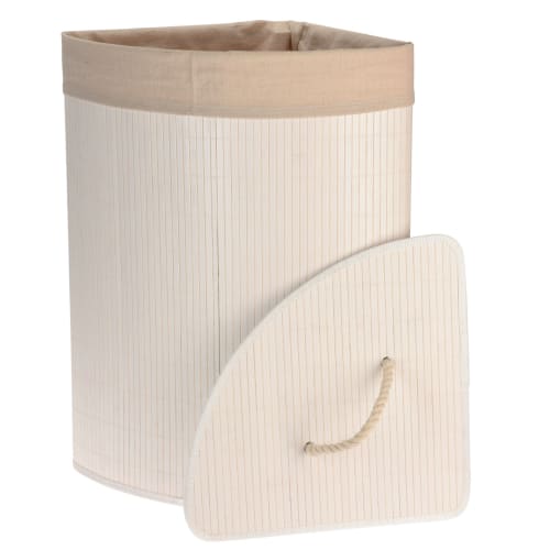Panier à linge d'angle blanc en bambou et intérieur amovible en coton