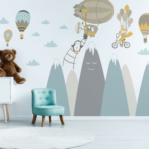 Stickers enfant montagnes scandinaves et animaux volants 40x60cm